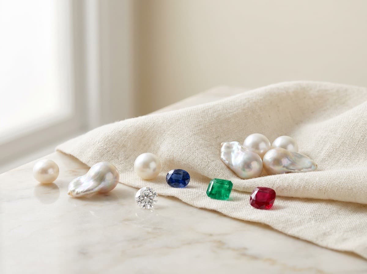 Natural pearls and certified precious stones on ivory linen